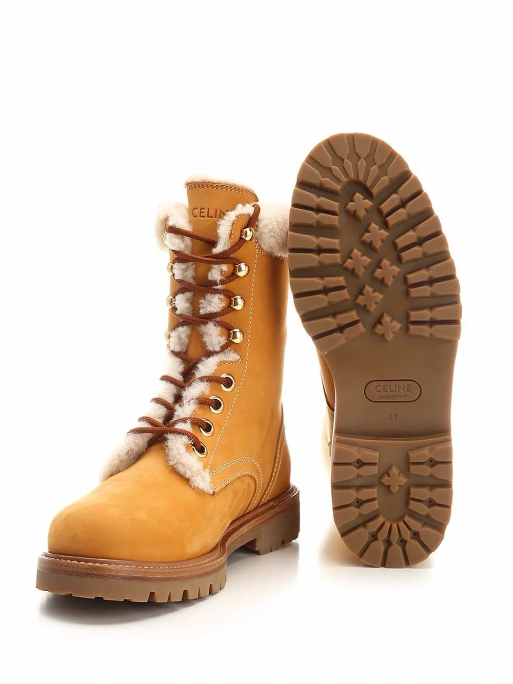 Celine Tan Shearling-Trim Lace-Up Winter Boots